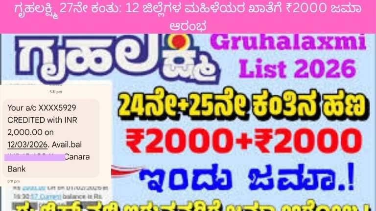 ಗೃಹಲಕ್ಷ್ಮಿ 27ನೇ ಕಂತು: 12 ಜಿಲ್ಲೆಗಳ ಮಹಿಳೆಯರ ಖಾತೆಗೆ ₹2000 ಜಮಾ ಆರಂಭ